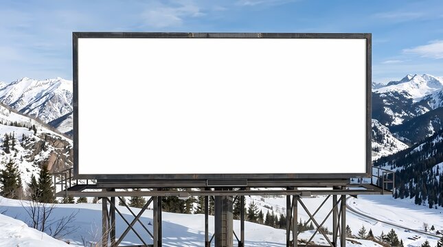 Blank billboard mockup in snowy mountain landscape with copy space