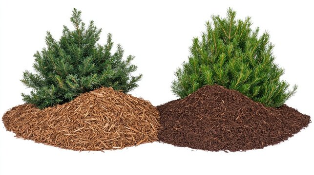 A beautiful arrangement of brown and green mulch under small evergreen trees in a tranquil garden setting