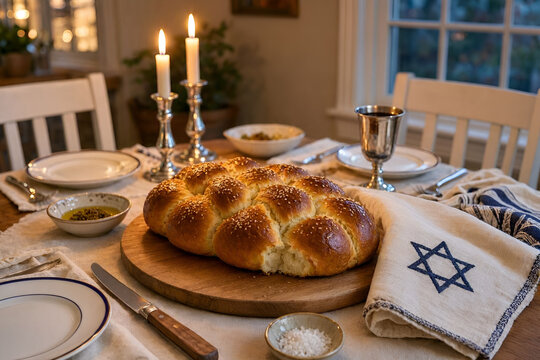 Braided challah on a laid table with candles and wine cup