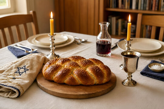 Round braided challah with wine decanter and kiddush cup