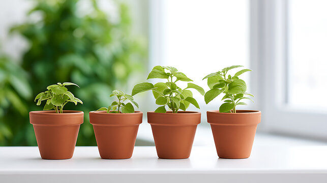 Four terracotta pots with young sweet basil plants Ocimum basilicum arranged in a row on a white windowsill with natural light indoors