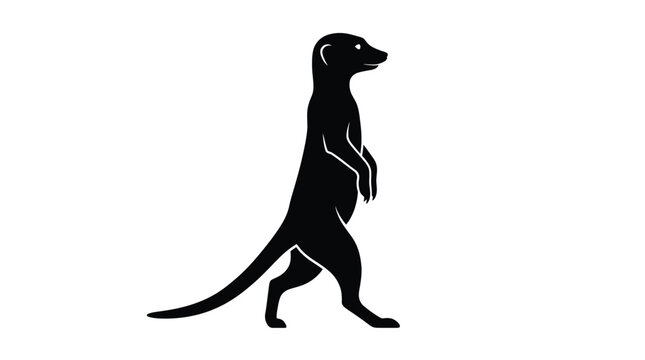 Meerkat silhouette stands upright in a classic alert pose with smooth black lines on white.