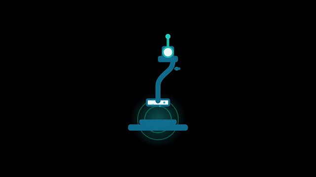 Glowing microscope stage sample scan with lens glint pulse and floating focus arm medical technology background