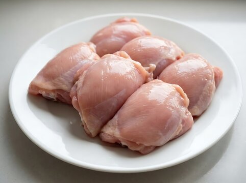 Raw chicken thighs with pink marinade on a round white plate. boneless chicken thigh