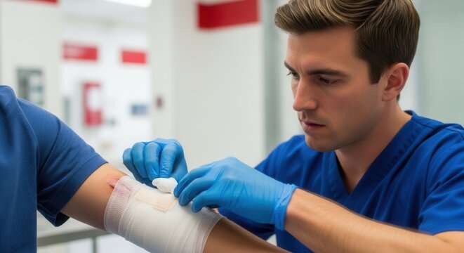 Male nurse applying bandage to patient's arm in a modern clinic or hospital setting. Focus on care and medical procedure.