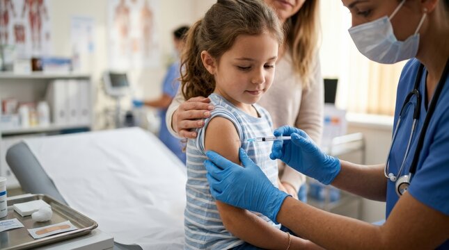 A female doctor in blue scrubs giving a vaccine child a shot in the arm at a clinic while the mother comforts her, focusing on healthcare, compassion, and pediatric vaccination