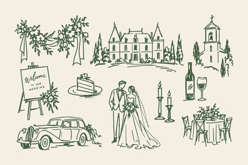 Fototapeta na wymiar Wedding Ceremony and Reception Hand Drawn Line Art Set