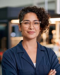 Obraz premium Confident woman with curly hair wearing clear glasses and navy blue work jacket