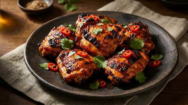 Grilled spicy chicken pieces with red chili and fresh cilantro served on a rustic dark plate. boneless chicken thigh