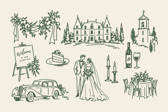 Wedding Ceremony and Reception Hand Drawn Line Art Set