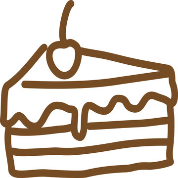 Minimal hand-drawn slice of layered cake line art, topped with wavy frosting and a cherry. Warm brown outline illustration isolated on transparent PNG background for bakery logos, dessert menus, caf&eacute; 