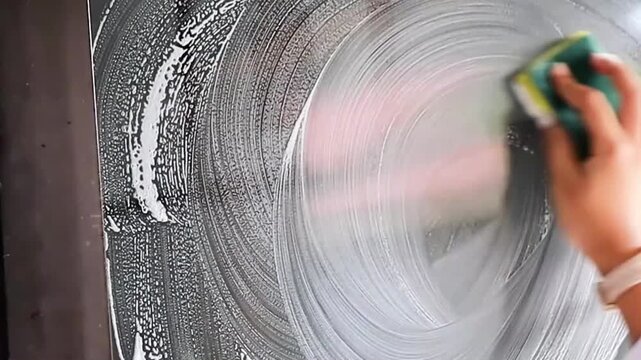Closeup cleaning activity showing a person using a sponge on a glass surface, removing accumulated residue and stains with circular motions for improved cleanliness and daily maintenance.