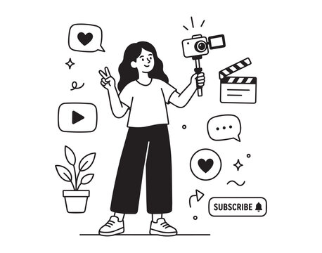 Female vlogger holding camera on selfie stick with social media icons in doodle outline style, with vlogger, woman, selfie, camera detail, showing stick, peace, sign, play context
