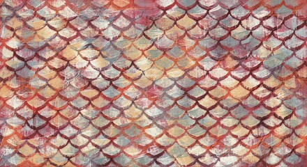 Hand Painted Fish Scale Pattern Abstract Textured Background with Red Gold and Grey Acrylic Impasto Brushstrokes © Boutique canvas