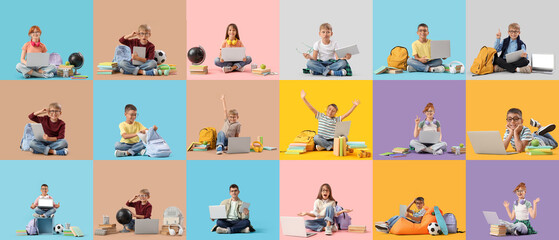 Obraz premium Online education and digital learning, diverse group of children using laptops and tablets for remote school and homework on colorful backgrounds