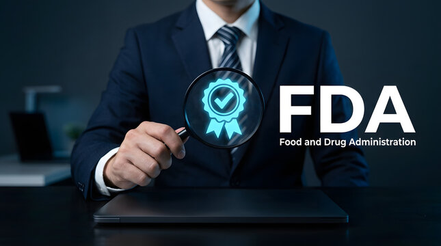 Businessman Using Magnifying Glass to Inspect FDA Logo Seal Symbolizing Regulatory Compliance and Verification