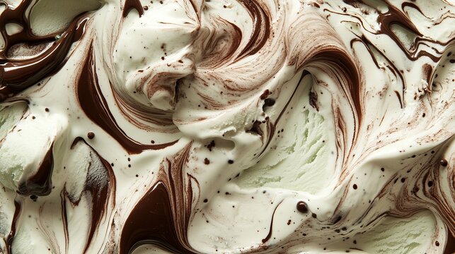 Swirled mint chocolate gelato showcases creamy texture, rich chocolate ribbons, creating a delectable frozen dessert concept