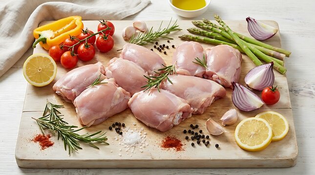 Raw chicken thighs with fresh vegetables and herbs on a cutting board. boneless chicken thigh