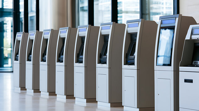 Row of modern automated teller machines in a clean bright corporate office lobby interior ready for customer financial transaction and bank service