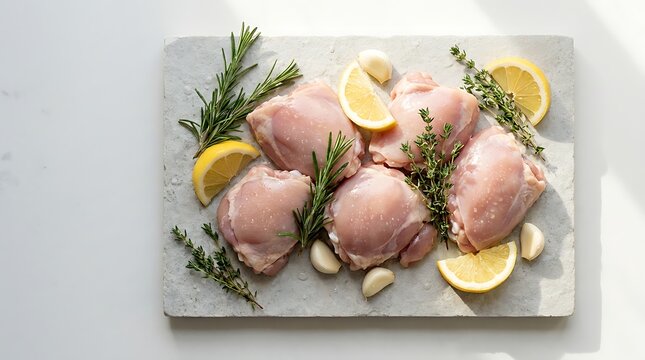 Raw chicken thighs with fresh lemon rosemary and thyme on a stone board. boneless chicken thigh
