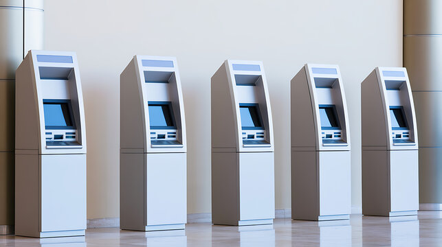 A row of modern automated teller machine terminals lined up in a bright corporate office lobby, ready for financial transaction use