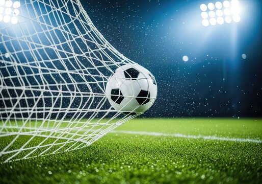 A white and black soccer ball is caught in the back of a goal net on a lush green field under bright stadium lights during a sports game, motion, activity, nylon