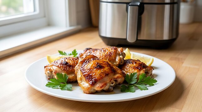 Roasted chicken thighs with herbs on a plate next to an air fryer in a home kitchen. boneless chicken thigh