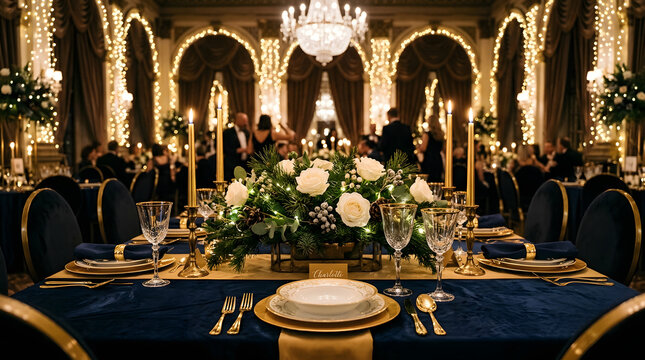 Elegant wedding dinner table set in a luxury ballroom