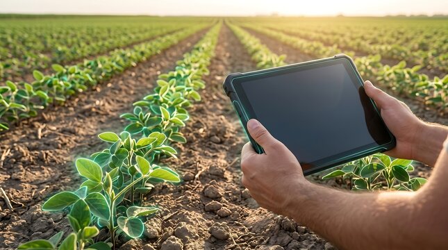 Farmer holding rugged tablet in green soy field with glowing digital outlines on plants representing precision agricultural monitoring and modern field management for sustainable crops