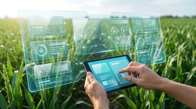 Hands using tablet with floating transparent augmented reality interface showing agricultural crop metrics and data visualization for modern farm management in a corn field
