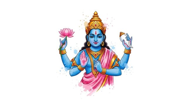 Elegant watercolor painting of a blue four-armed deity holding a lotus and conch, featuring soft artistic splatters on a white background, blue, jewelry, ornate