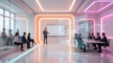 Obraz premium Business executive presenting financial data with holographic interface in modern high tech boardroom meeting with corporate team members sitting around conference table in bright office space