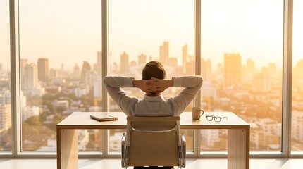 Fototapeta na wymiar Business professional relaxing at office desk overlooking city skyline at sunset