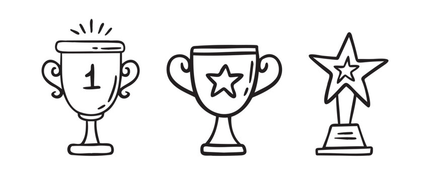 Hand drawn trophy and star award doodle set in black outline for celebration and achievement graphics, with trophy, cup, award, star detail, showing winner, first, prize, victory context