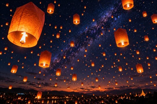 Many glowing paper lanterns floating in the night sky with the Milky Way above a distant city skyline