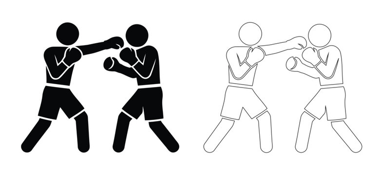 Two boxers fighting combat sports stick figure vector icon set featuring spar fighters in boxing gloves silhouette and line art