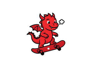 Cute red dragon skateboarding vector, friendly mythical creature on skateboard, cartoon dragon mascot for kids branding © Vector Hive