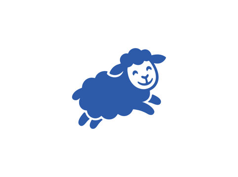 Blue sheep vector logo, cute jumping lamb illustration, minimalist woolly animal character for baby branding and nursery design
