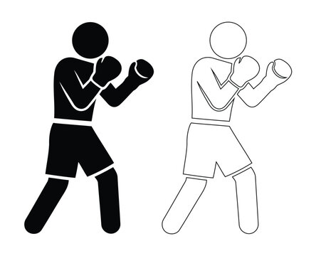 Boxer guard stance combat sports stick figure vector icon set featuring fighter in boxing gloves defense posture silhouette and line art