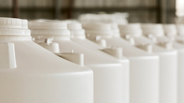 A row of large white plastic containers neatly arranged in an industrial storage facility, showcasing organized supply management and stock