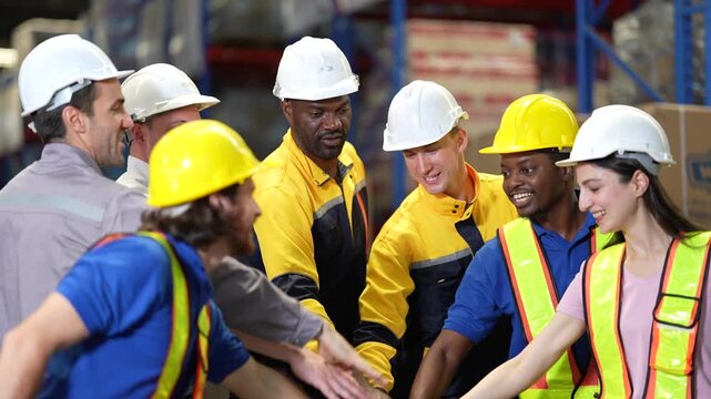 A smiling team of seven warehouse workers and managers joins hands in a circle among the storage racks, celebrating their teamwork