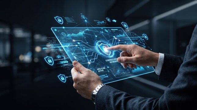 Businessman interacting with futuristic holographic cybersecurity interface, digital network protection concept, advanced data security technology visualization