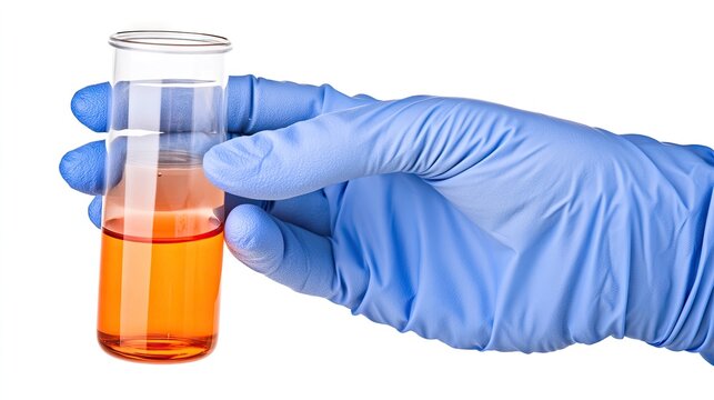 Medical worker in blue gloves holds a test tube filled with vibrant red liquid for laboratory analysis against a clean white backdrop