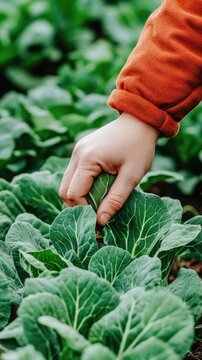 A farmer in protective gear tending to vibrant cabbage plants on a sunny day in the lush agricultural fields