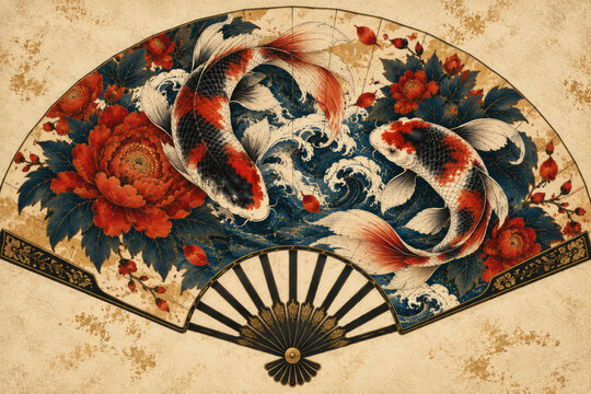Japanese Folding Fan with Koi Fish, Red Peonies and Ocean Waves Traditional Art