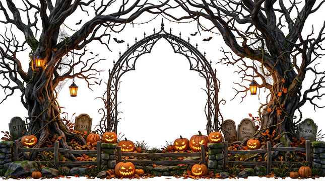 Gothic archway stands in a creepy cemetery framed by bare trees and glowing pumpkins for Halloween.