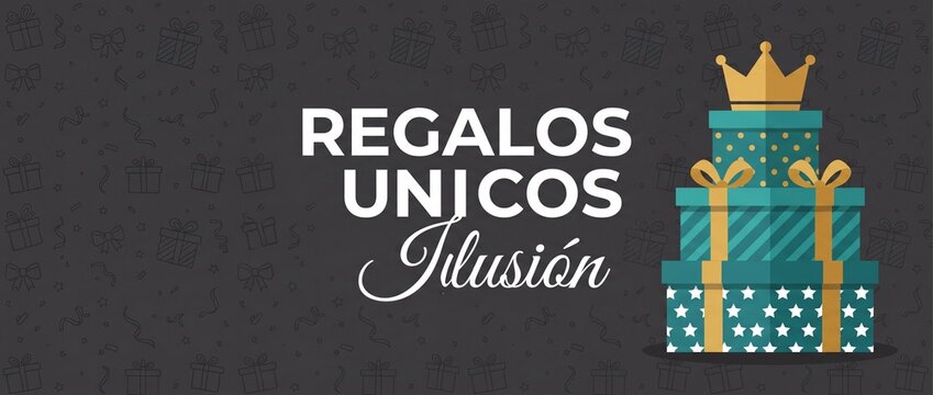 Gift boxes stacked golden crown banner regalos unicos illusion holiday shopping background vector illustration festive promotion poster template celebration party design spanish text layout concept