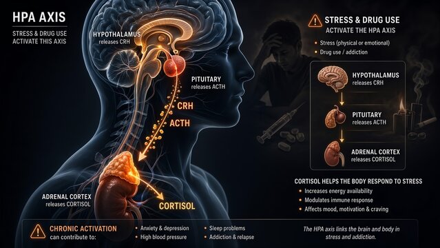 Hypothalamic pituitary adrenal hpa axis diagram illustrating crh release from hypothalamus acth from pituitary and cortisol from adrenal cortex activated by stress