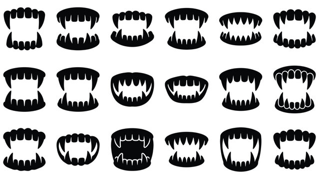 Collection of black silhouette vampire and monster teeth