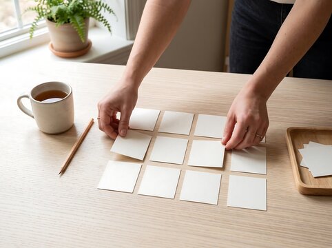 Hands arranging small blank cards on a wooden office desk at home